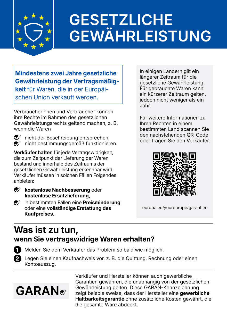 Amtlicher EU-Hinweis: Gesetzliche Gewährleistung (mindestens 2 Jahre)