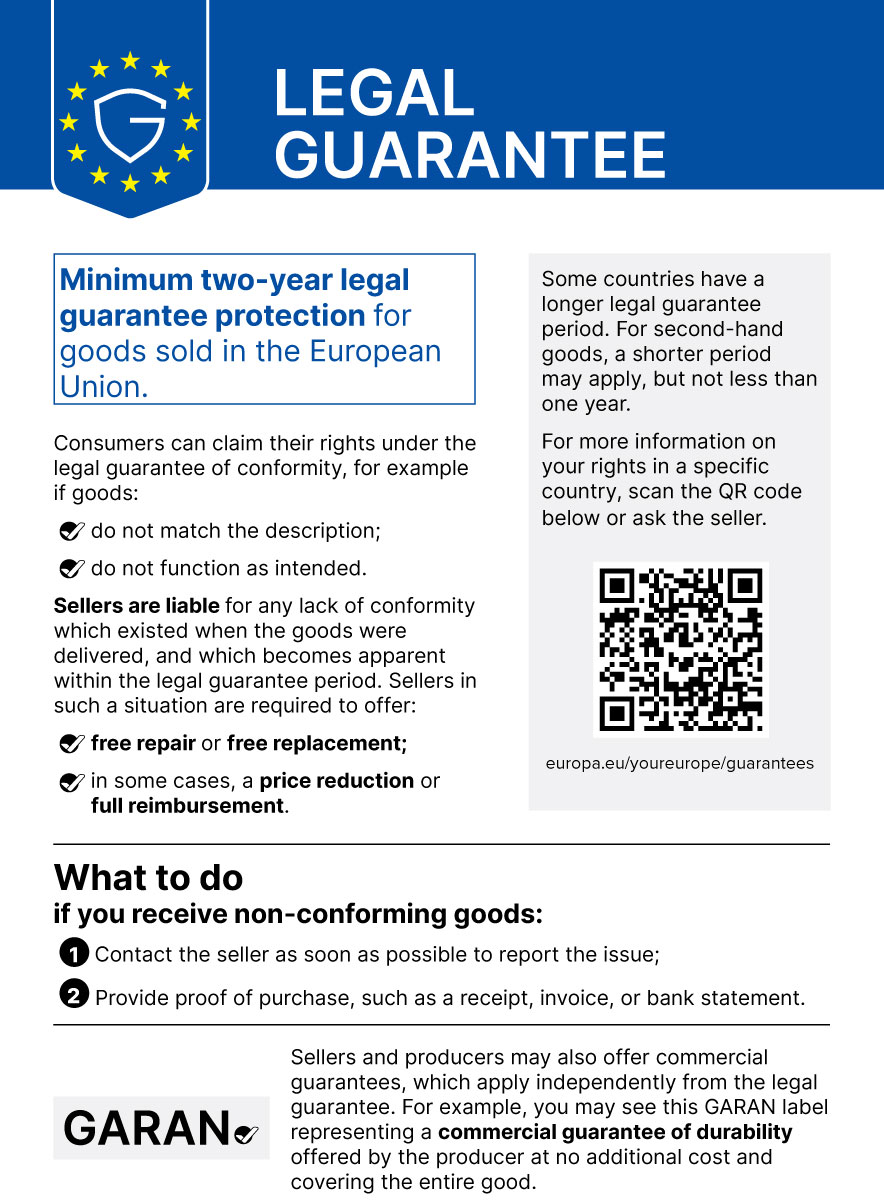 Official EU notice: legal guarantee (at least 2 years)
